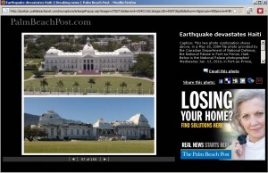 Palm Beach Post house ad, "Losing Your Home?" next to collapsed Presidential Palace